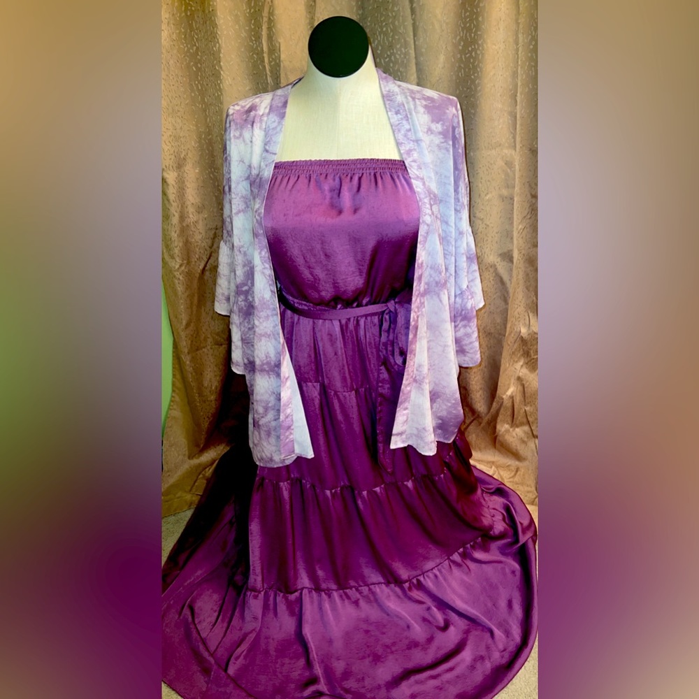 Strapless gorgeous purple dress, with cardigan, from boutique, size medium